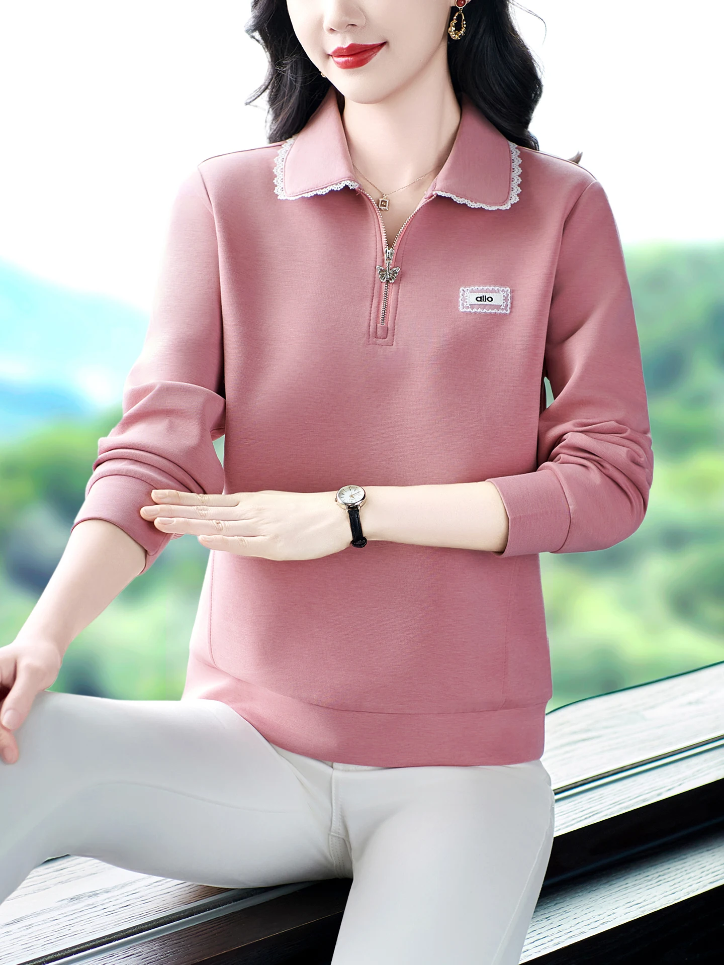 

Women's Collared Sweatirt Spring Autumn New High-End Modal Cotton Loose Long Sve Versatile Casual Outerwear