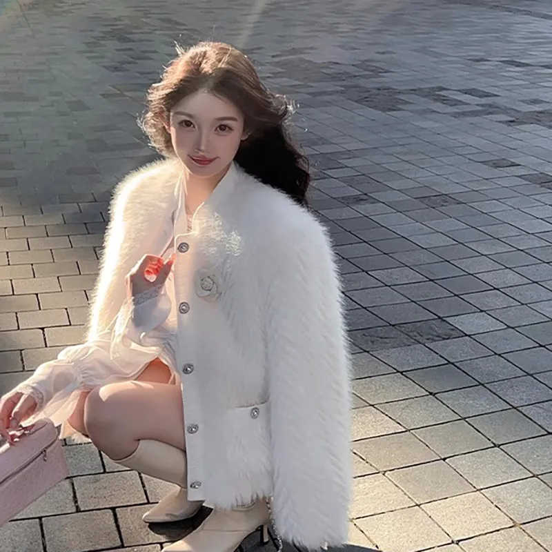 معاطف نسائية من الفرو الصناعي سترات متينة سميكة ثلاثية الأبعاد على شكل حرف O وأكمام طويلة واحدة الصدر فضفاضة مناسبة غير رسمية لخريف وشتاء 2025