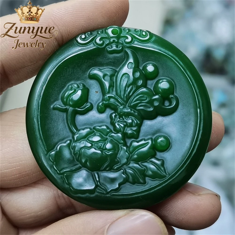 

High-End Natural Green Jade Butterfly Lotus Pendant Luxury Quality Jewelry Fashion Jewelry Exquisite Elegant Popular Charms Gift