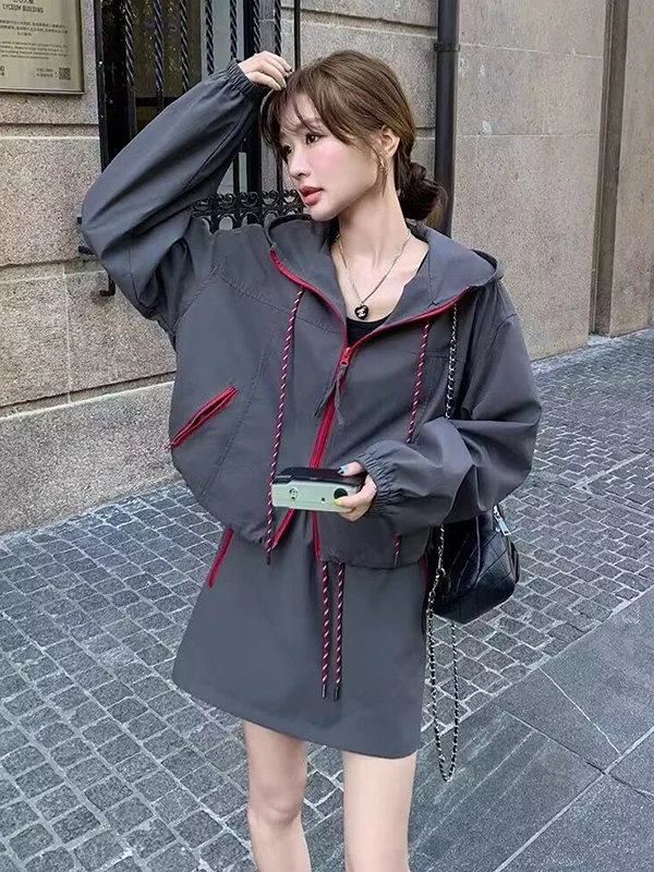 

plus Size 300 Pou Korean Sle Casual Hooded ket Top And A-Line ort Skirt Set Women's High Waist Autumn Faion