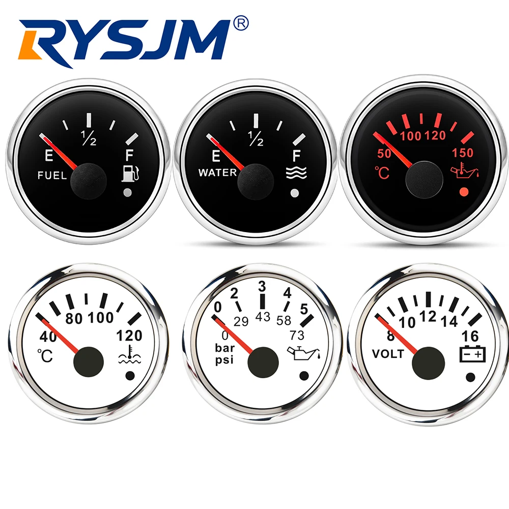 Medidor de presión de aceite de 2'' y 52 mm, medidor de nivel de agua y combustible, voltímetro, medidor de temperatura del agua y del aceite para coche, barco, embarcación, 12V 24V