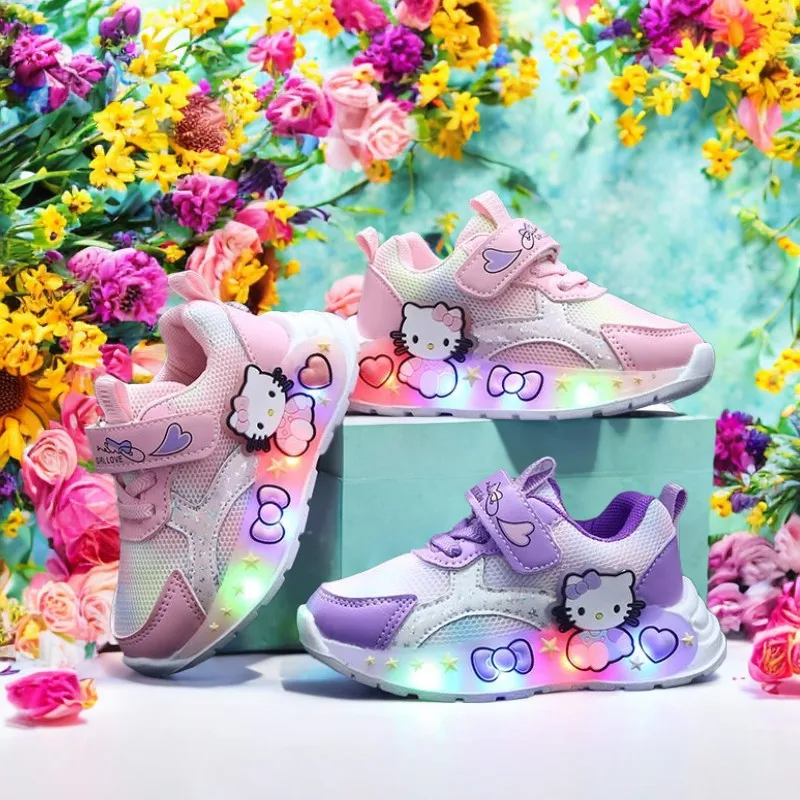 

Детская повседневная обувь со светодиодной подсветкой и мультяшной сеткой, весенняя модная обувь на плоской подошве, дышащая розовая, фиолетовая осенне-весенняя обувь, размер 21-30