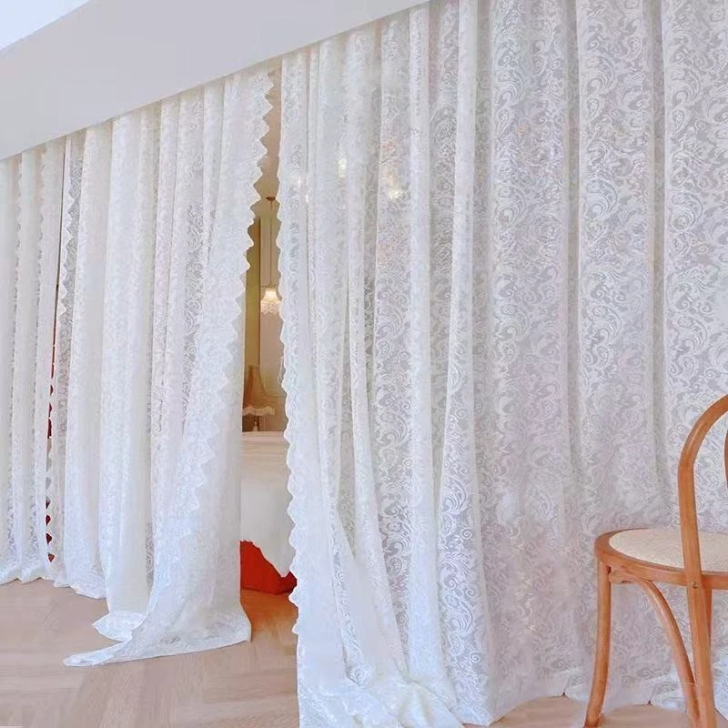 European Style Curtain with Lace Room Translucent Gauze Window Screen Hotel Curtains Heat-insulating Living Room Sunshade Cloth