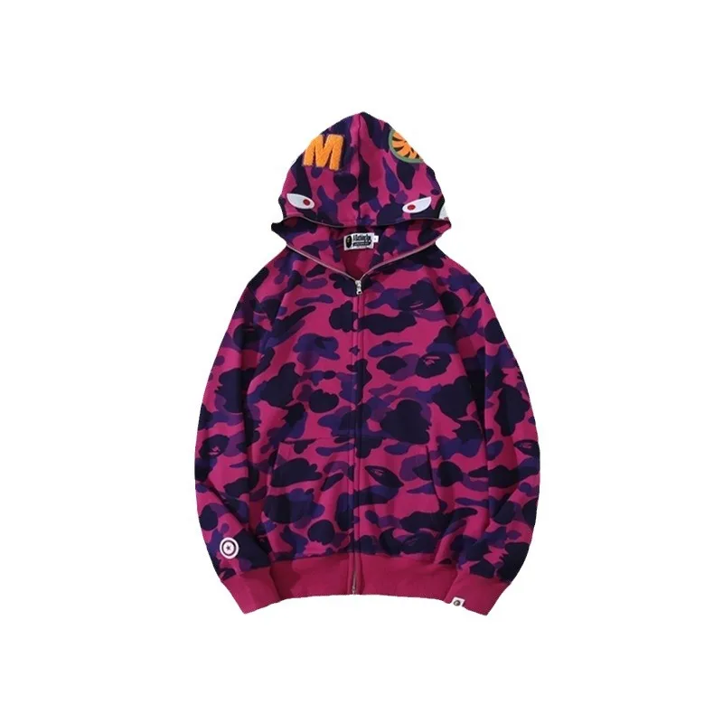 100% Katoen Trendy Haai Camouflage Hoodie Met Ritssluiting Voor Mannen En Vrouwen, Fijn Borduurwerk, Loszittende Puur Katoenen Pluche Capuchon Ca