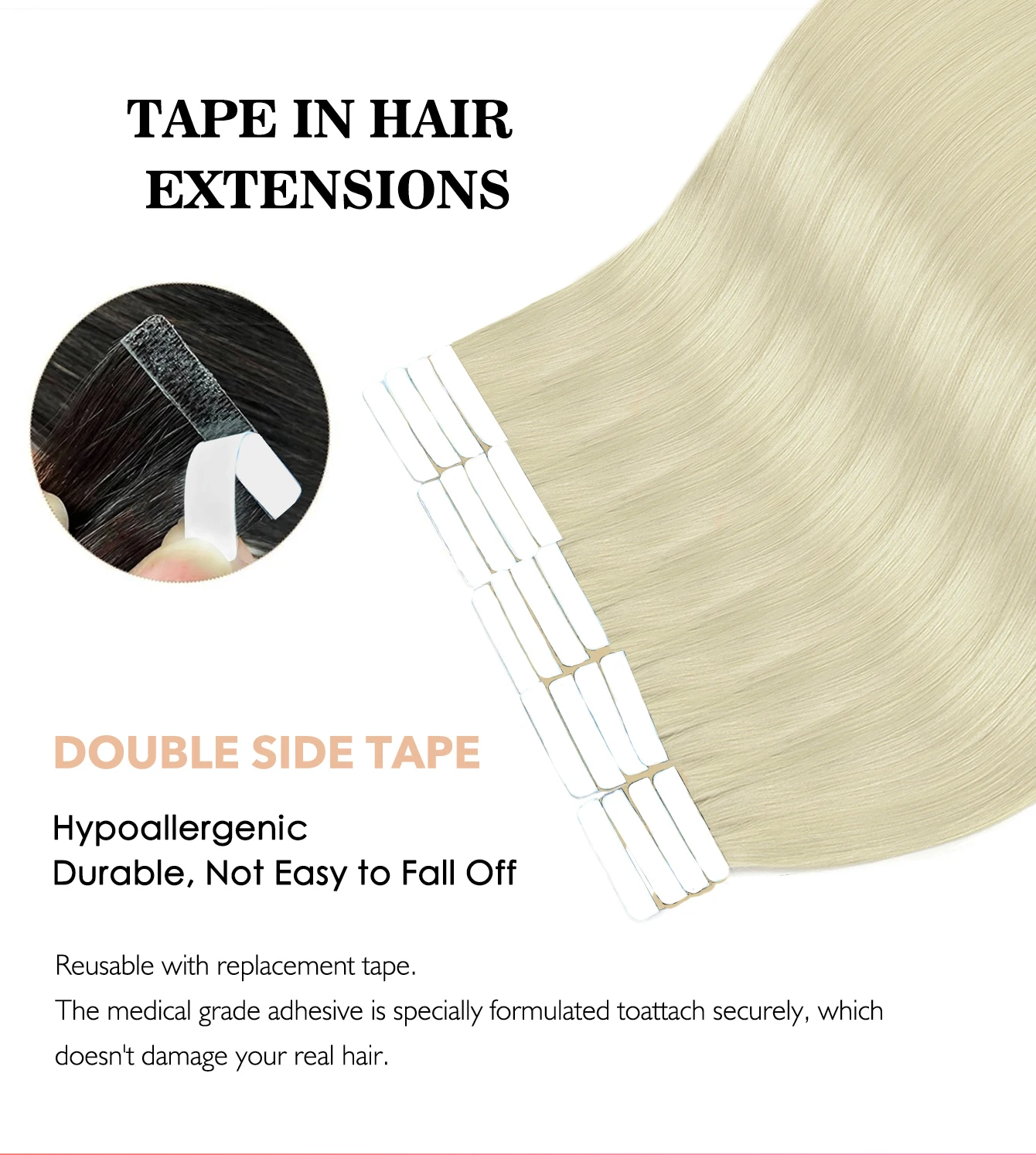 バージン人毛エクステンション 100% レミー髪ナチュラルスキン横糸テープインダブルストレート両面ブロンドカラーテープイン女性のための
