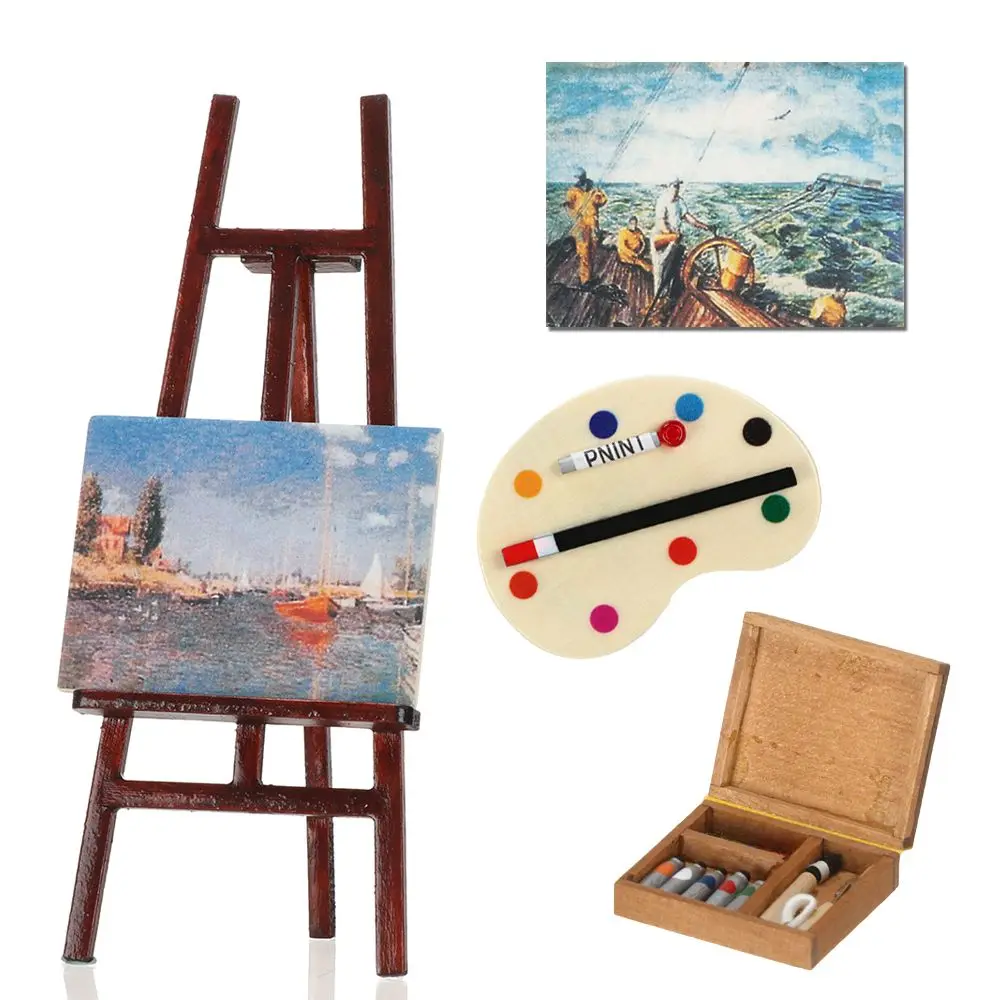 1:12 Dollhouse Furniture Miniature Easel Wood Box Drawing Board Artist Paint Pen Dolls DIY Model Set Toy Accessories