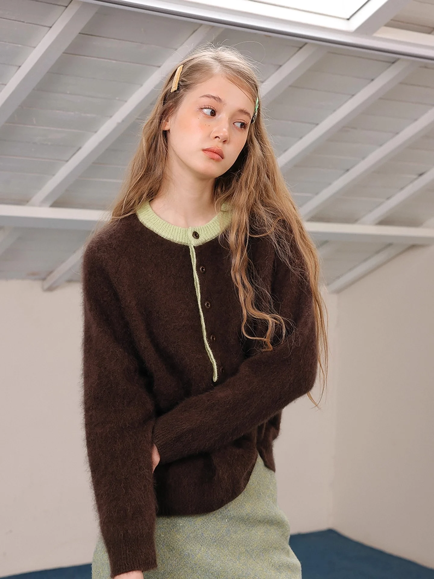 

Brown Knitted Sweater Fake Two-Piece Casual Long Sve Henry Collar Women's Soft Cozy Autumn Winter Faion Vintage Sle