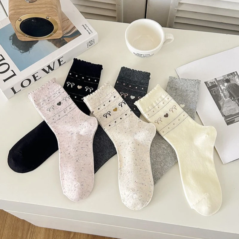 1/6 pairs of new women's pure cotton mid tube socks with spring autumn bows cute hearts  simple comfortable casual socks