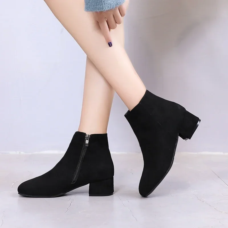 New Women Faux Suede Ankle Boots Chunky Heeled Plush Shoe Woman Chic Shoes Lady Boot Pointed Thick Heel Short Boots