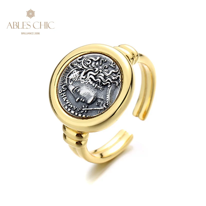 Ables Chic Greek Demeter Silver Coin Solid 925 Silver Roman Coins Open Vintage Ring R1034