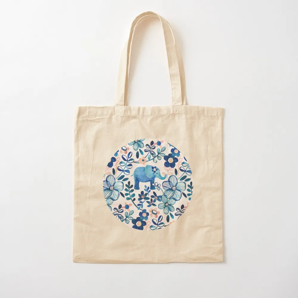 

Blush Pink, White and Blue Elephant and Floral Watercolor Pattern Tote Bag eco bag folding Big bag women Canvas Tote