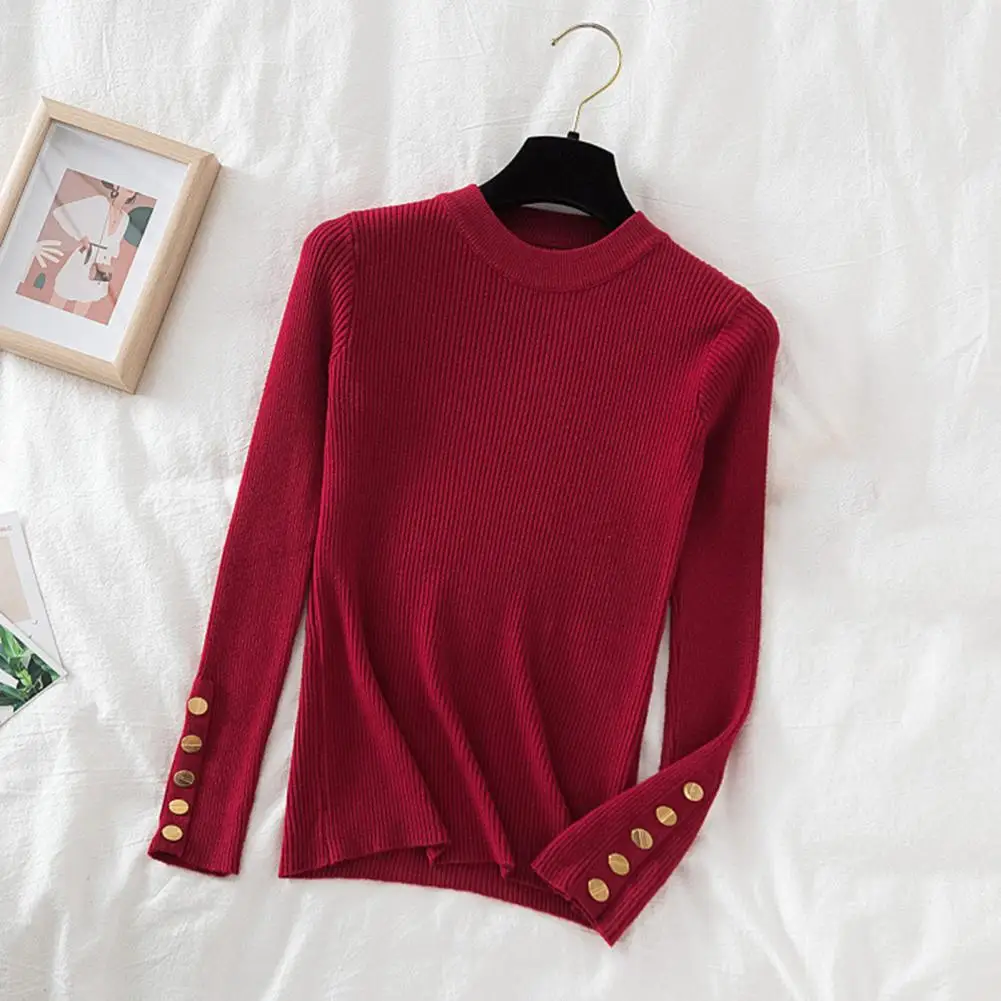 

Solid Color Knitted Top Stylish Crew Neck Women's Sweater with Long Sleeves Button Decor for Fall Winter Slim for Fashionable