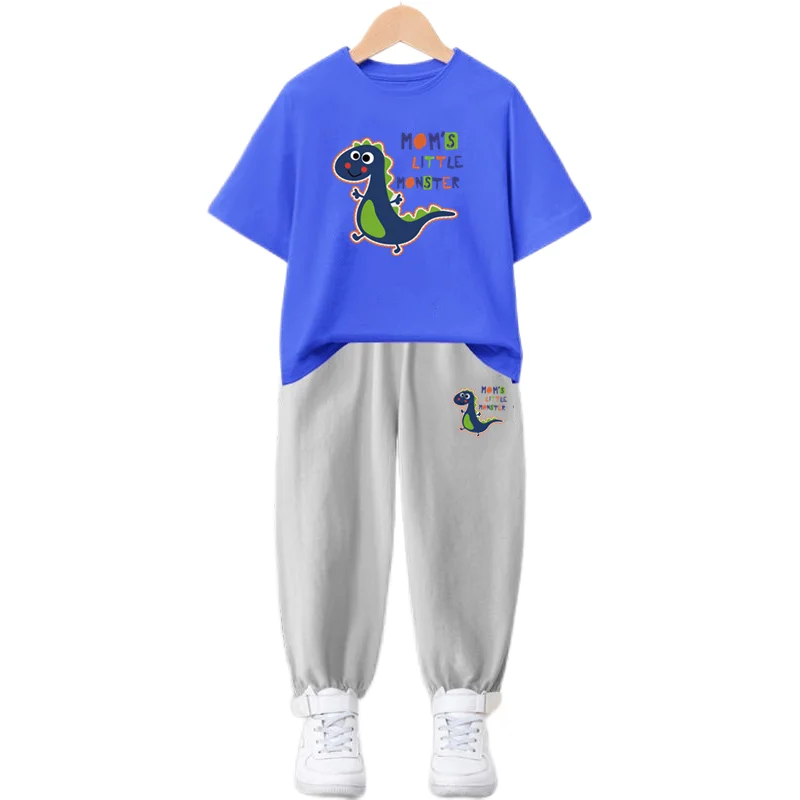 3-14Years Kids Summer Clothes Set Cute Dinosaur Print Short Sleeve Top + Long Pants Lovely 2PCS Outfit for Children Boys