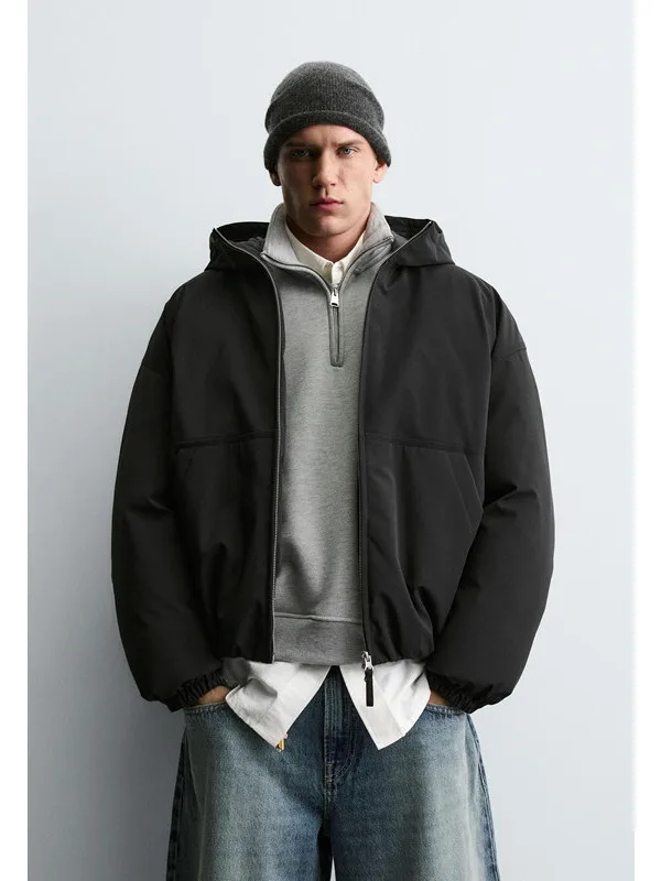 

Tech Fabric Men's Jaet Casual Hooded Loose Fit Cotton Coat Warmth Youth ular Sle Nylon Elastic Hem Long Sve