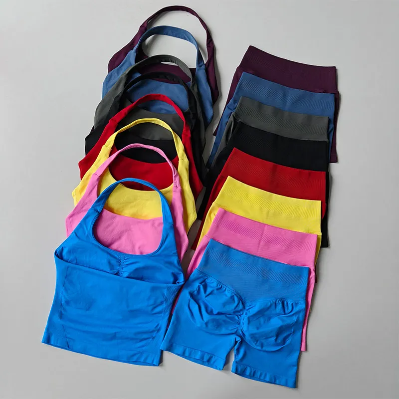 

Бесшовный комплект для йоги с топом-халтером: женский спортивный бюстгальтер пуш-ап и шорты с высокой талией для фитнеса, коррекции живота и подтяжки ягодиц