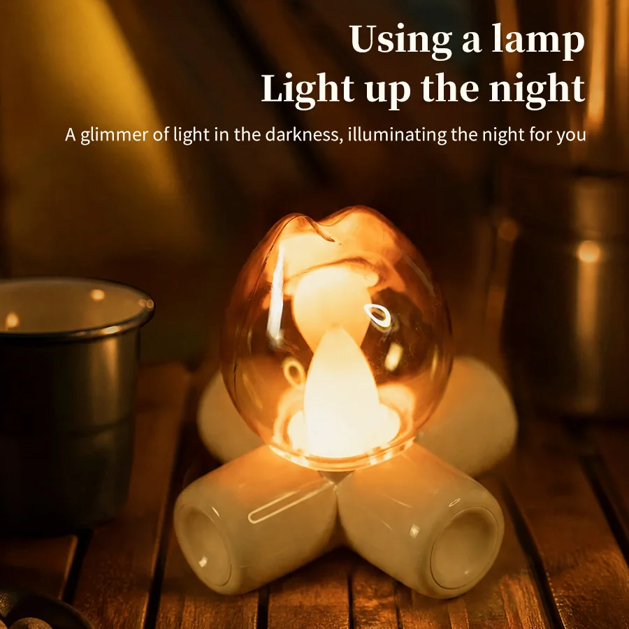 LED Campfire Night Light USB Rechargeable Simulated Flame Candle Lamps Mini Table Lamp for Bedroom Living Room Home Office Decor