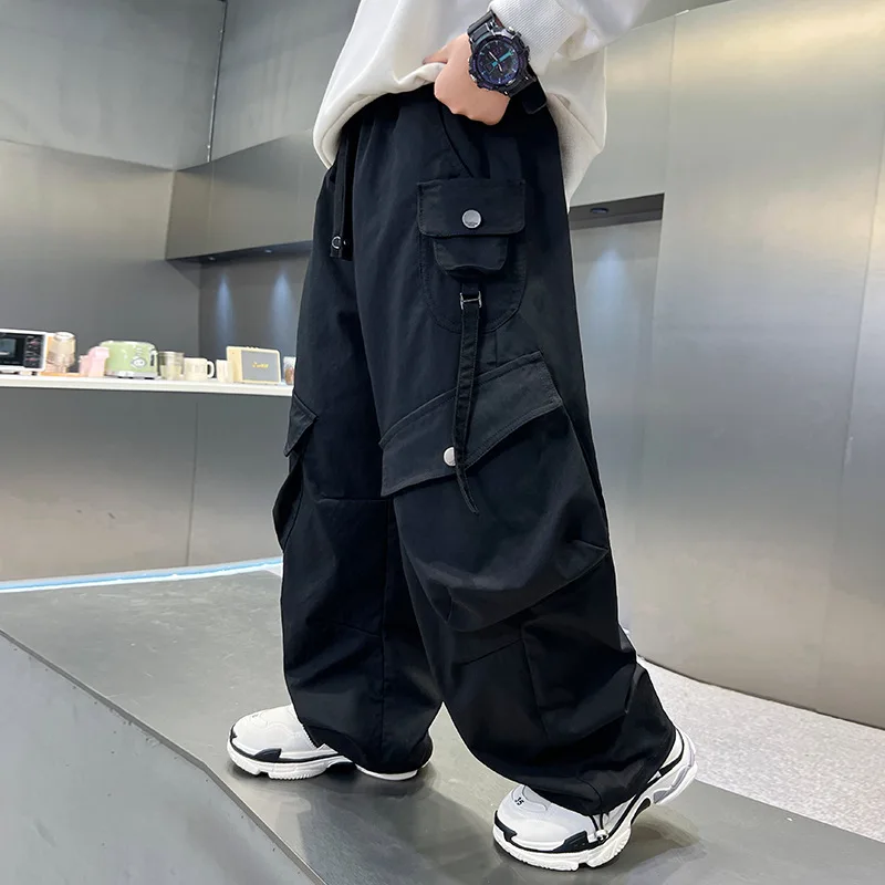 

Teenager Boys Spring Loose Straight Cargo Pants with Pocket Kids Casual Cotton Sweatpants for Ages 5-14