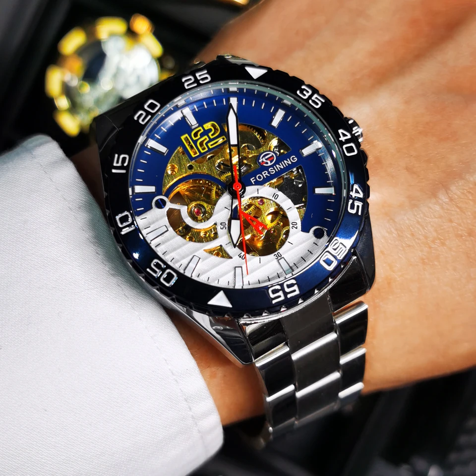 Forsining Steampunk Skeleton Mens Watch Blue Rotatable Bezel  display picture 3