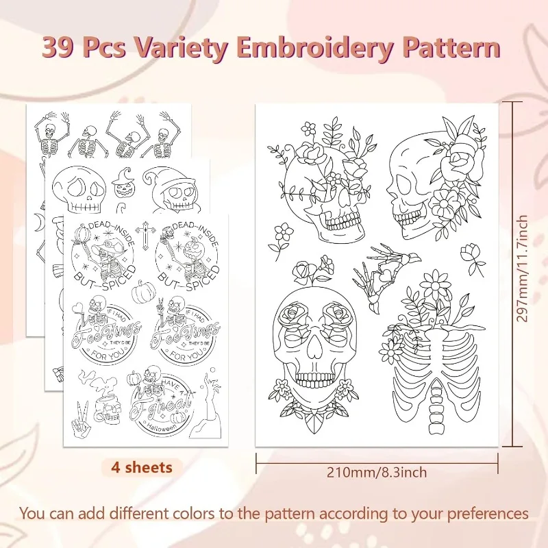 4 Sheets Water Soluble Embroidery Patterns for Beginners Halloween Skeleton for Hand Sewing Lover Women Adults