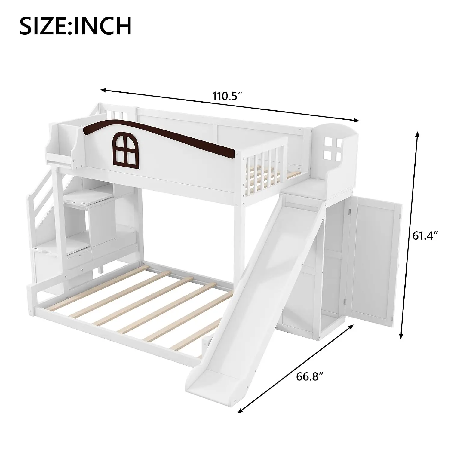 Bunk Bed with Storage Staircase and Slide (White-S-, Twin Over Full) | Ample Storage Shelf,No Box Spring, Customized