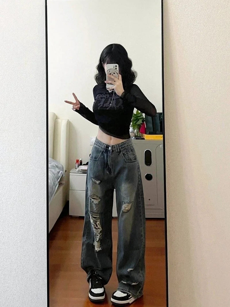 Retro Vibe Jeans mit hoher Taille und geradem Bein für Damen, kleine Größe, Sommer, lockere, schlankmachende, lange Hosen mit weitem Bein, bodenlange Hosen