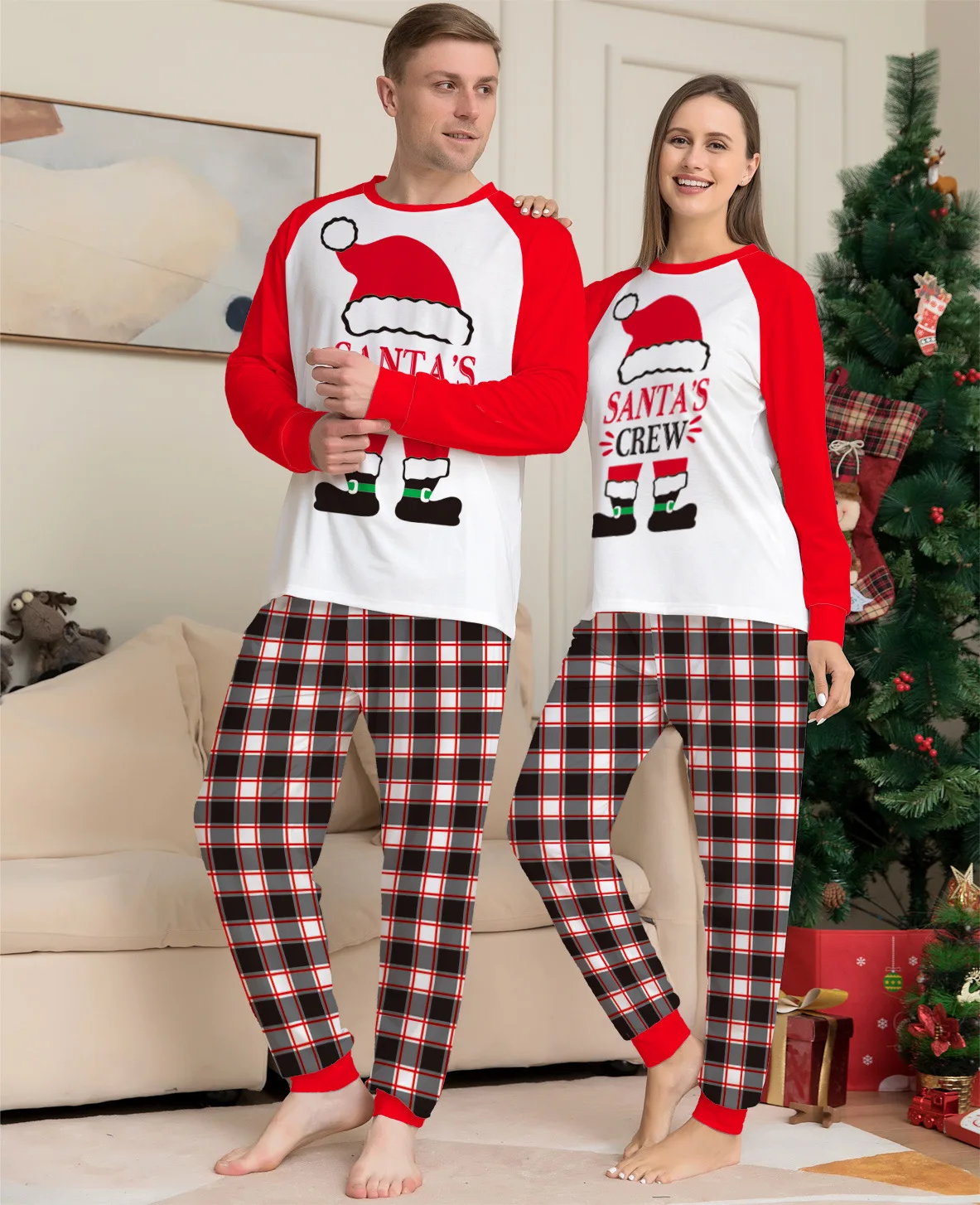 Xmas Family Matching Pajamas 2022 New Cartoon Christmas Hat Letter Print Plaid Pants Adult Kids Suit Baby Jumpsuit Dog Clothes