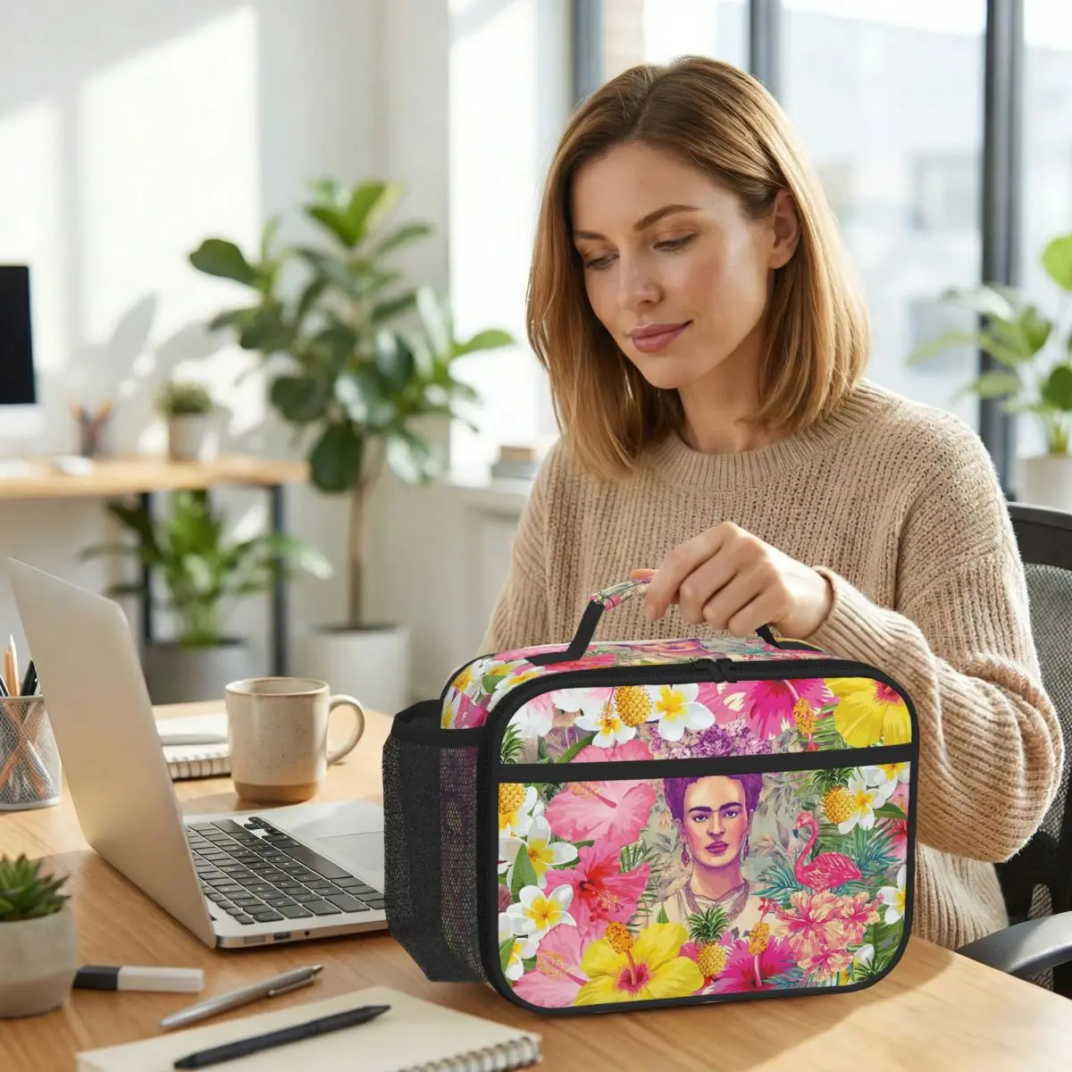 Frida Kahlo And Flamingo Isolierte Lunchtasche für Kinder, Schulkühler, Thermo-Lebensmittelbox, tragbare Lunchboxen, Behälter