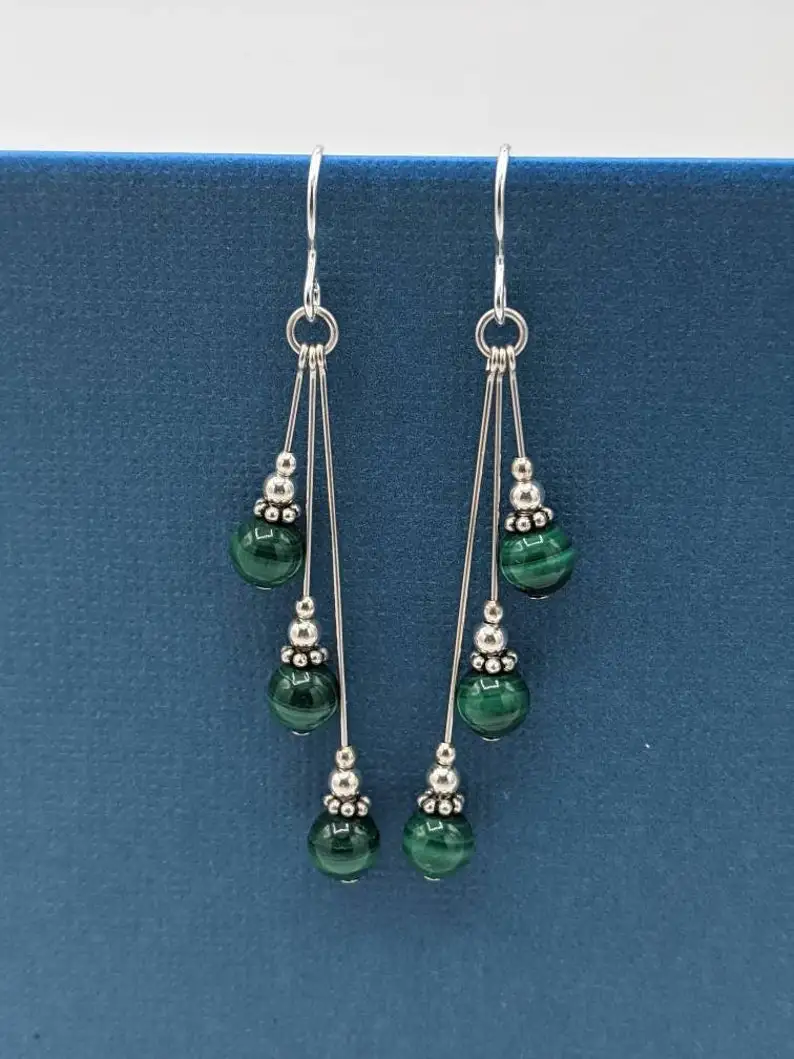 Malachite earrings, asymmetric earrings, malachite beaded earrings