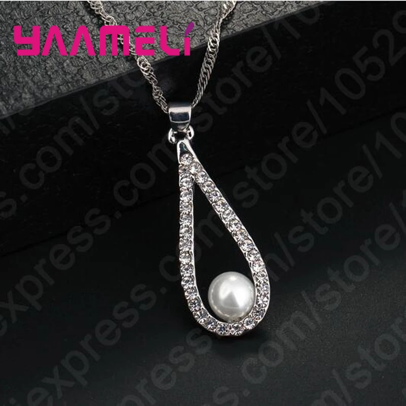 Pure 925 Sterling Silver Shiny CZ Crystal Water Drop Pearl Necklaces For Woman Fine Jewelry Wedding Earring Set Gift