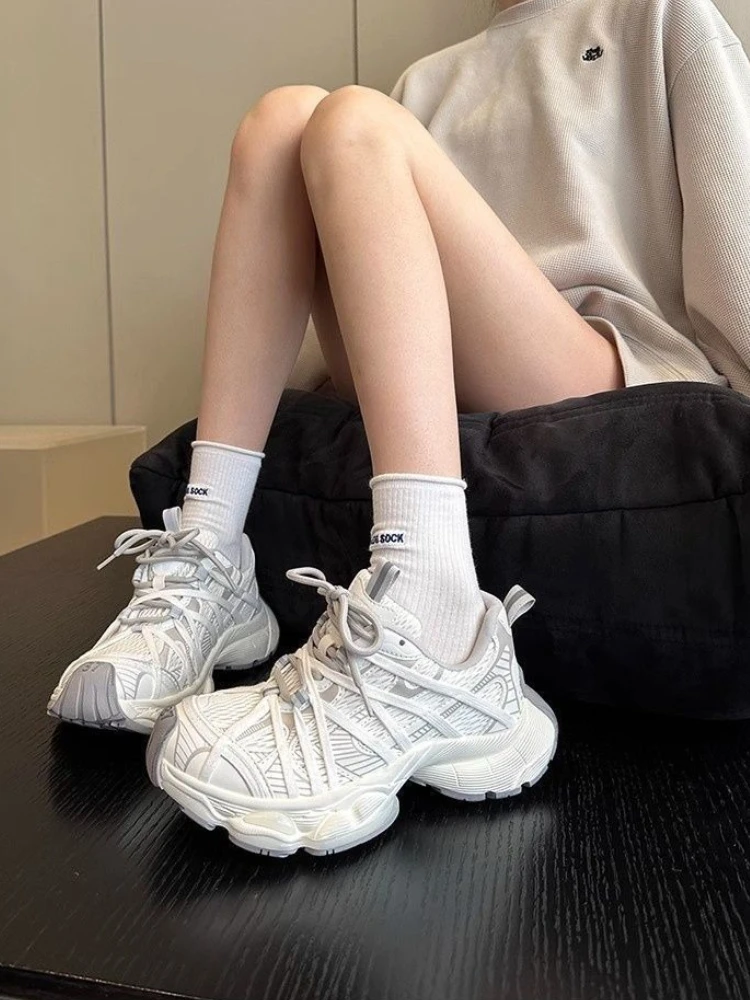 European American Style Women Dad Shoes Mesh Distressed Color Wash Thick Sole Soft Lightweight Sports Casual Versatile Sneakers