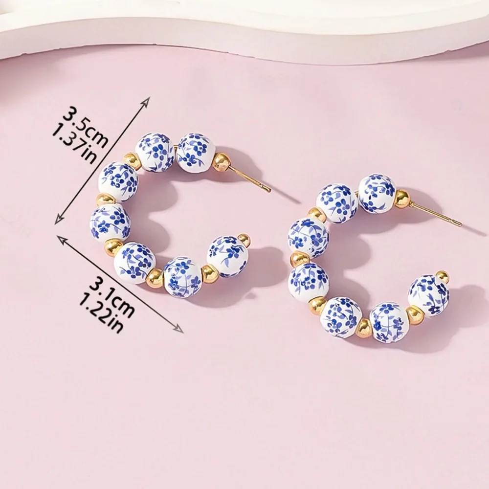 Bohemian Ceramic Handmade Blue White Porcelain Pearl Dangle Earrings Korean Style for Women Girls Casual Daily Accessories