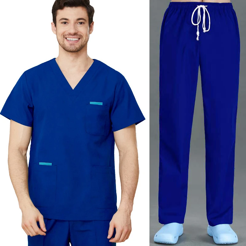 Men Scrub Set Cotton Nursing Scrubs Short Sleeve Medical Uniforms V Neck Scrub Shirt Veterinary Workwear Scrub Trousers Hospital