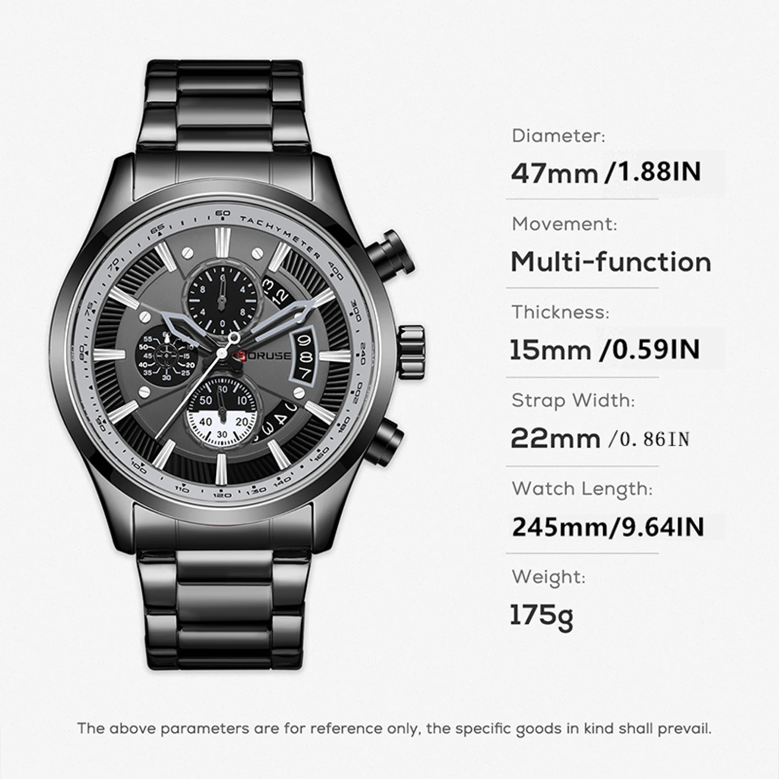 BORUSE Men Black Stainless Steel Quartz Watches Waterproof Chronos Watch Luxury High Quality Fashion Business Sport Wristwatches