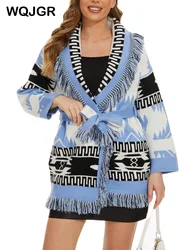 WQJGR High Quality Jacquard Cardigan Sweater Women Geometry Cashmere Kniited Tassel Loose Full Sleeve Fashion Autumn Winter