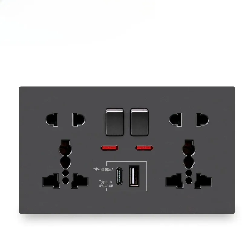 UK Standard USB Interface Socket，Wall Quick Charge Socket, 18W Type-C Ports, Dual Switch Control Universal Power Outlet