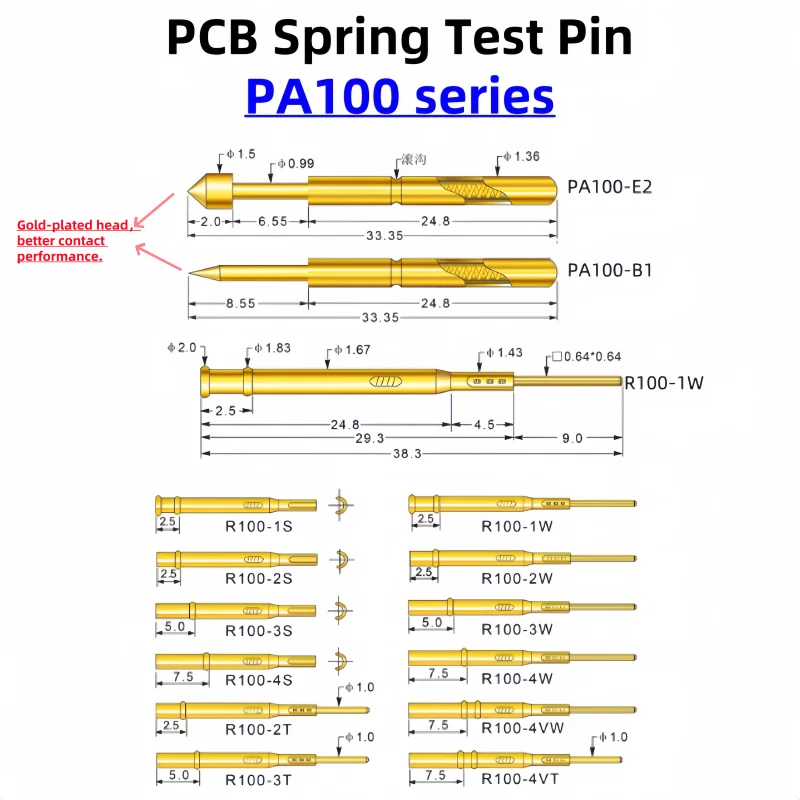 

PA100 Series Gold Plated Brass Spring Test Probe Test Pin Pogo Pin Detection Needle PCB Test Tool P100-B PA100-B1 33.35mm 1.36mm