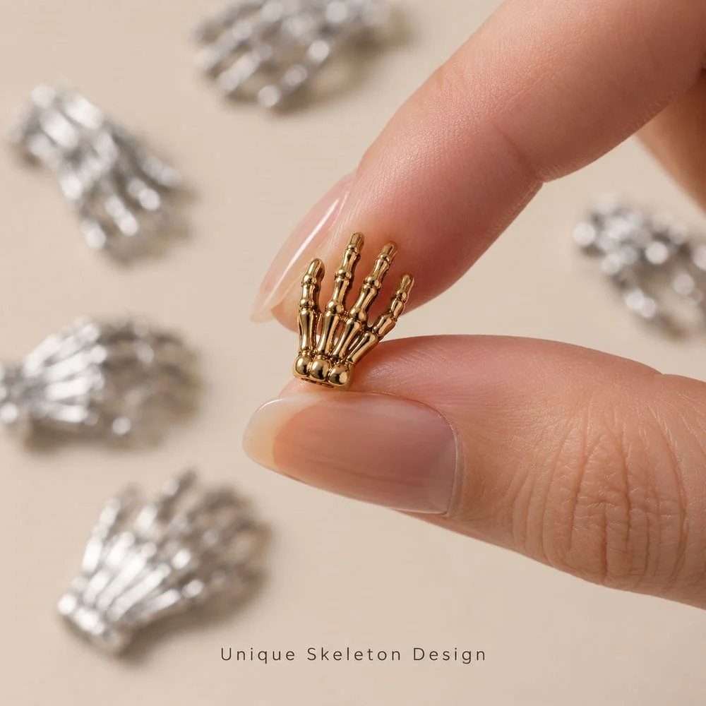 10Pcs Vintage Alloy Skeleton Hand Nail Charms 3D Skull Hand Nail Ornament Punk Gothic Nail Art Accessories For Festival Manicure