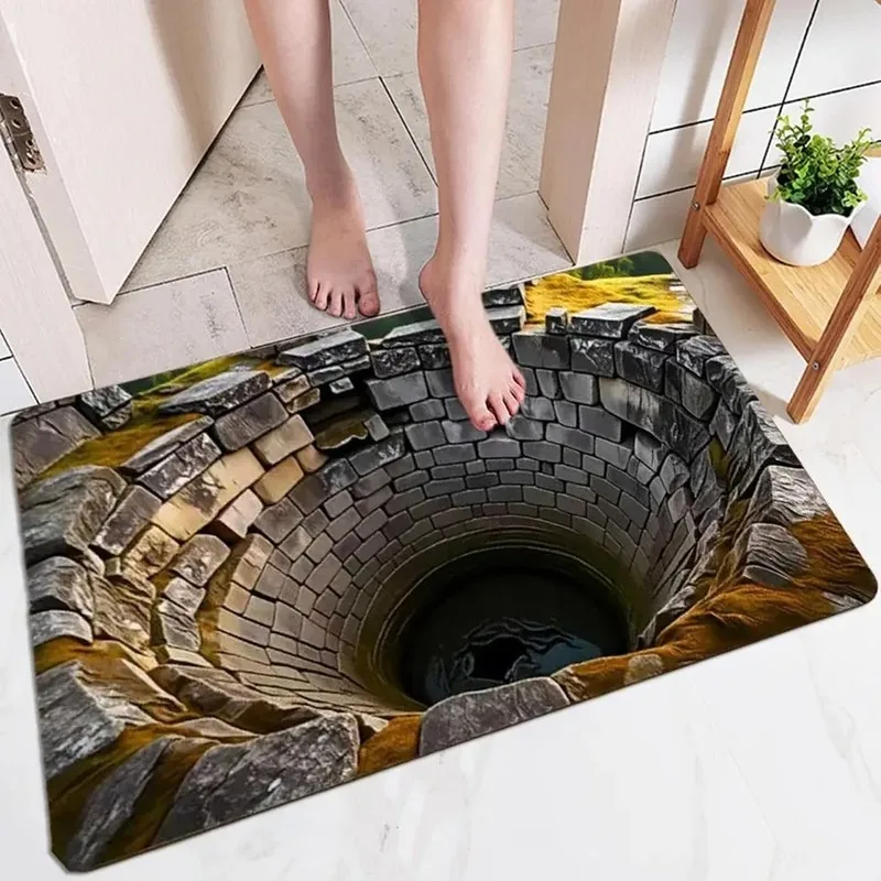3D Visual Illusion Deep Well Abyss Creative Funny Anti Skid Flannel Doormat Home Floor Mat Decor Rug