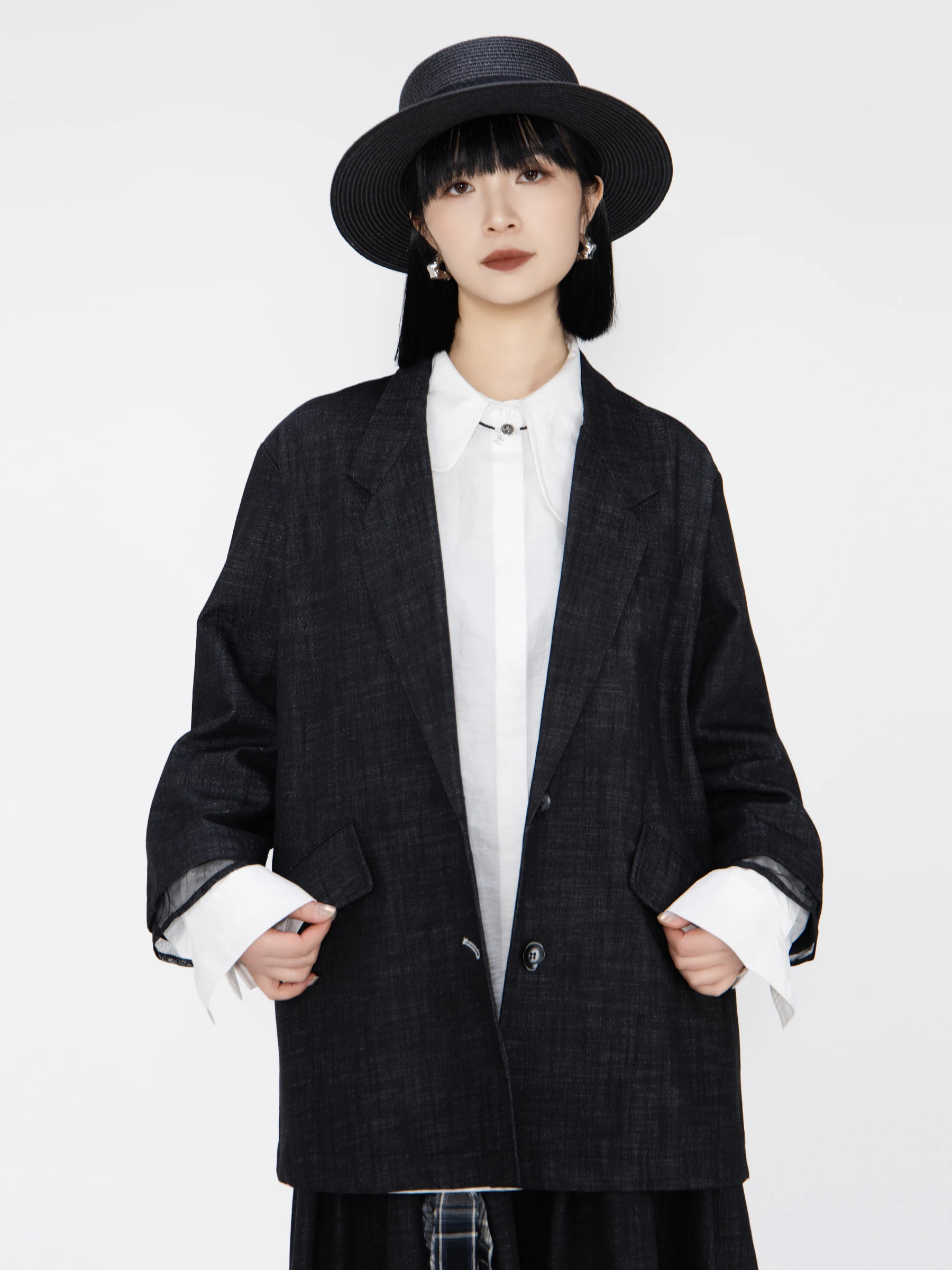 ueri Spring 2026 New Sle Casual Bla Suit Jaet Women's Vest Set Loose Long Sve Polyester Businwear