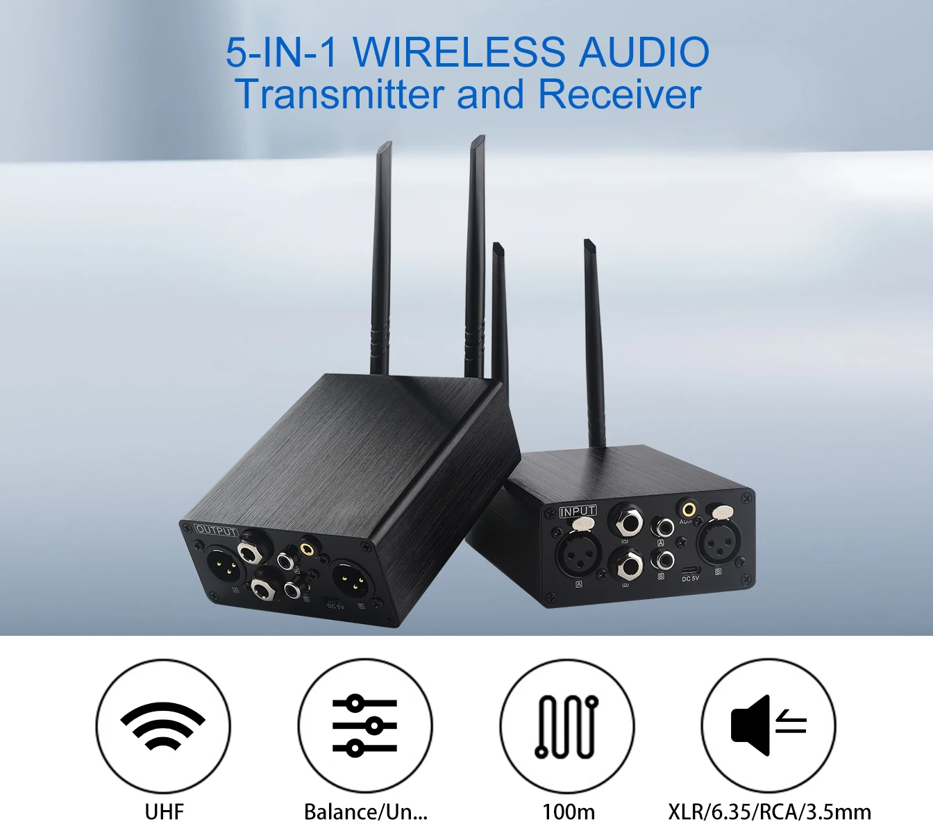 AU680A UHF Wireless Audio Transmitter XLR / RCA / 6.35mm / 3.5mm RX/TX XLR Audio Extender RCA Transmitter and Receiver Adapter