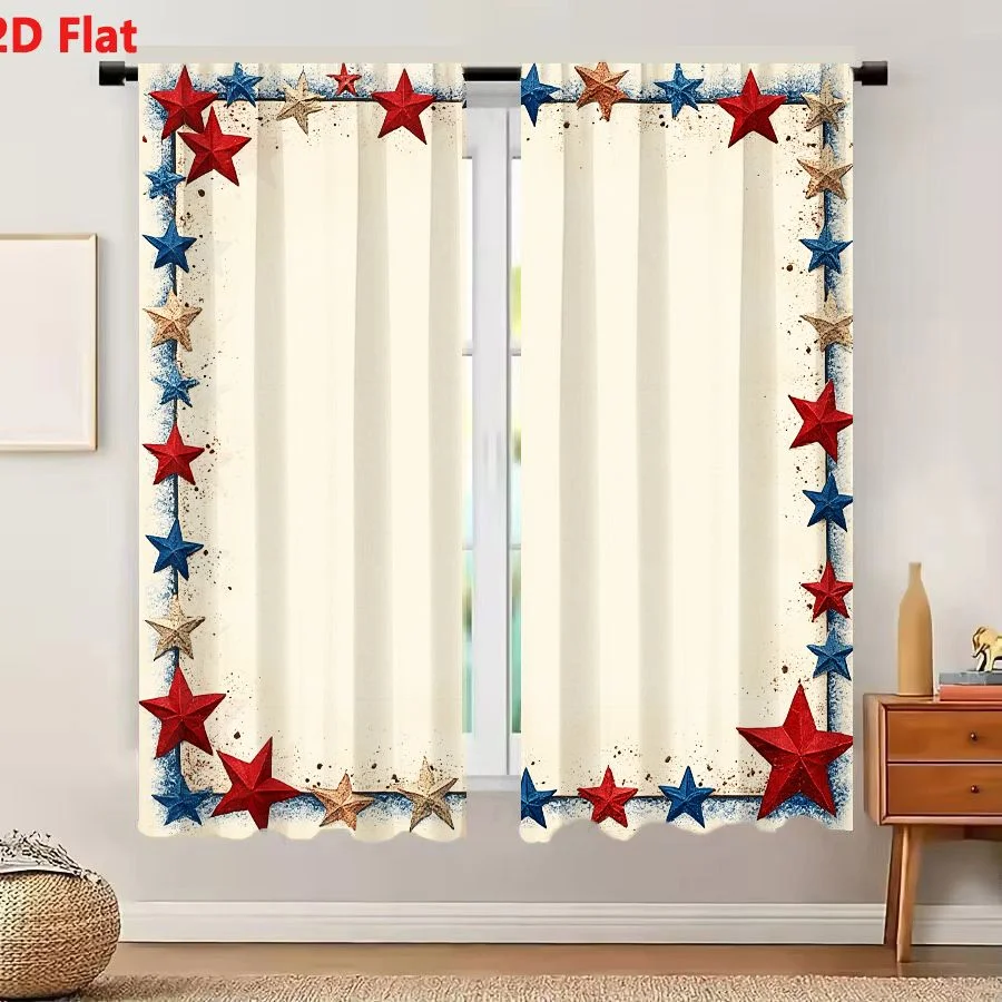 2Pcs Curtains Add 2D Flat Decorative Square Frame With Red Blue And Gold Stars On Textured Off White Background Window Drapes fo