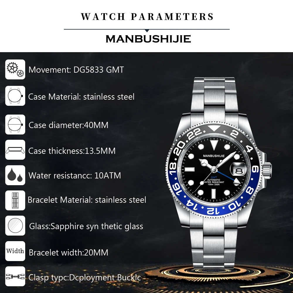 شعار مخصص GMT ساعات رجالية فاخرة أوتوماتيكية ميكانيكية ساعة اليد الياقوت الزجاج 40MM الفولاذ المقاوم للصدأ ساعة مقاومة للماء