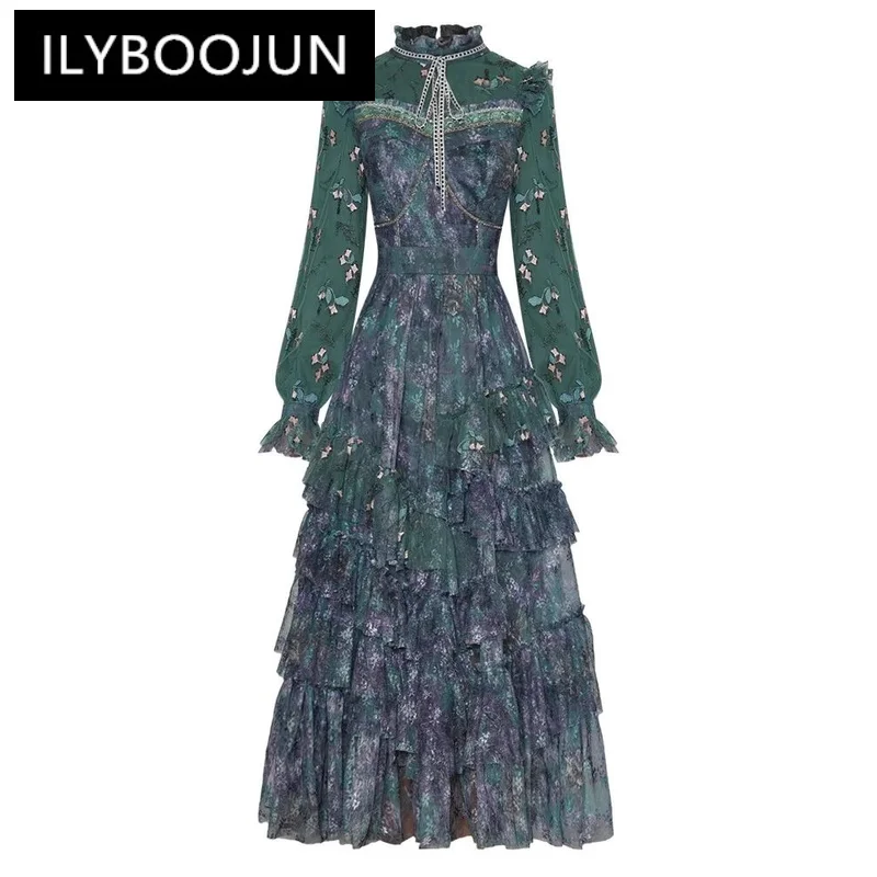 

ILYBOOJUN Fashion Designer Early Autumn CakDress Women Stand Collar Lantern SleevMesh Embroidery RufflVintagDress