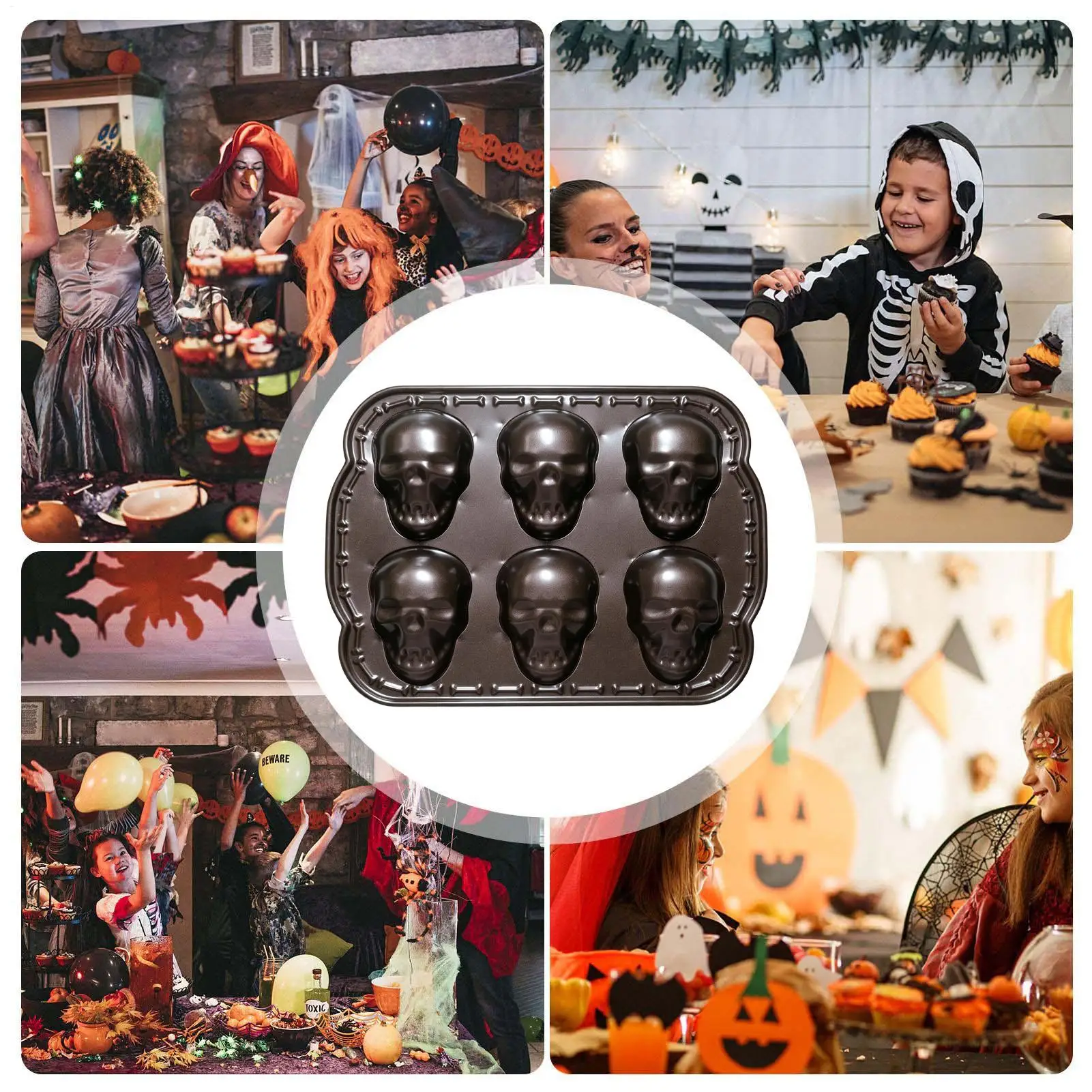 3D Skull Baking Pan 6 Cavity Heat Resistant Metal Bakeware Tray Halloween Baking Mold Pan For Home Apartment Restaurant Bakery