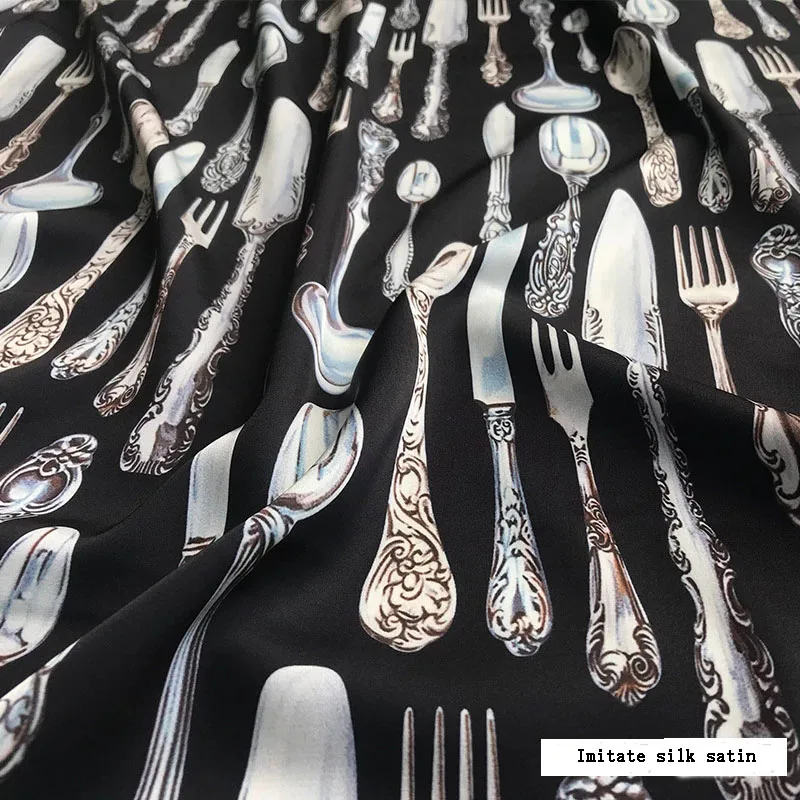 

Cutlery Print Knives and Forks Spoons Black Stretch Polyester Cady Linen Fabric For Dresses Blouse DIY Cloth Sewing Material