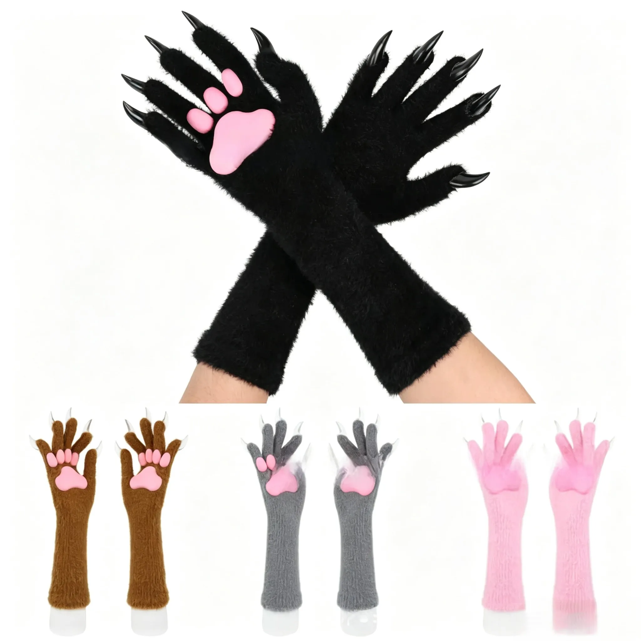 Furry Animal Paw Gloves with Claws & Paw Pads Long Cosplay Gloves Halloween Cat Wolf Monster Costume Accessory
