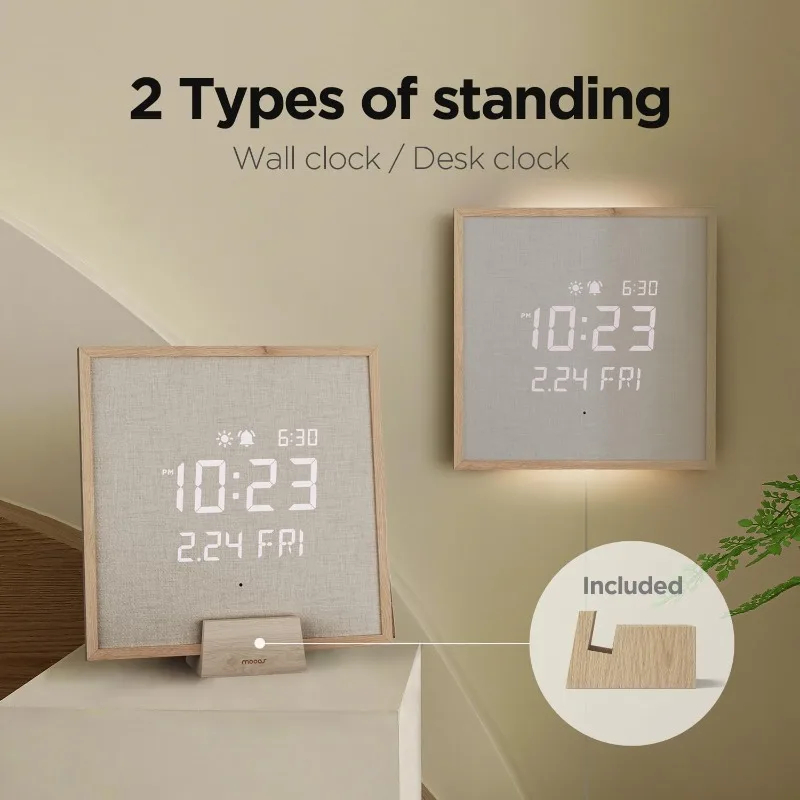 Relógio de parede silencioso com moldura de madeira LED com controle remoto, luz noturna retroiluminada, relógio de parede LED digital moderno com display de alarme de nascer do sol
