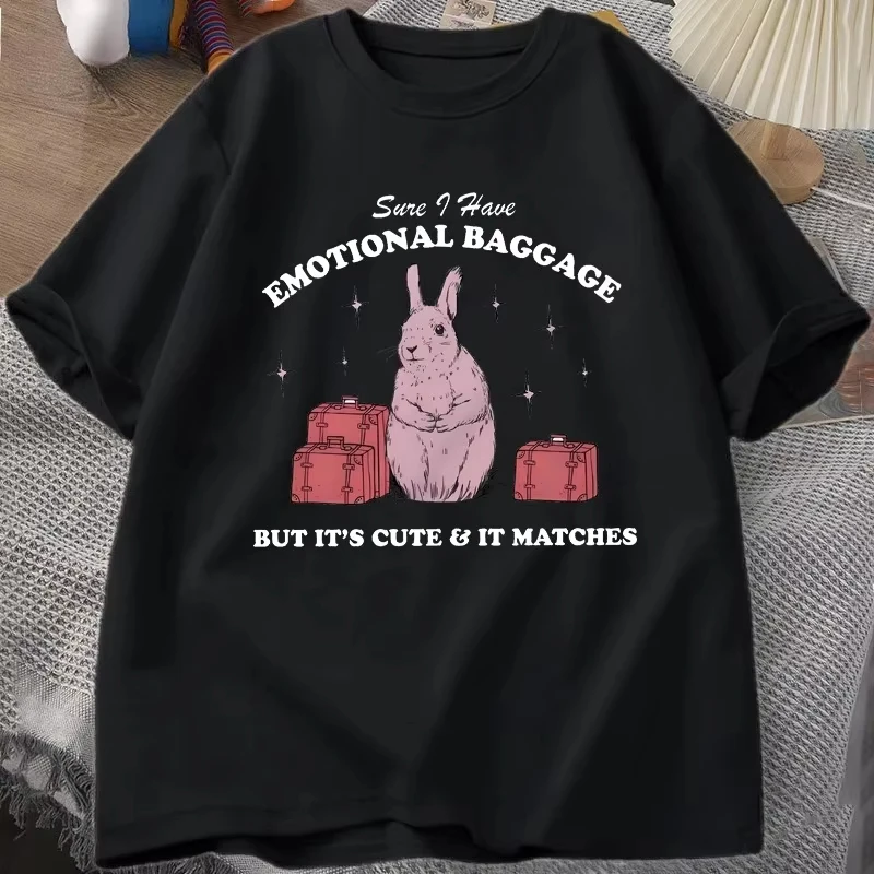 Funny Mental Health T Shirts Women Men Sure I Have Emotional Baggage Vintage Rabbit Tee Shirt Summer Short Sleeve Graphic Tees