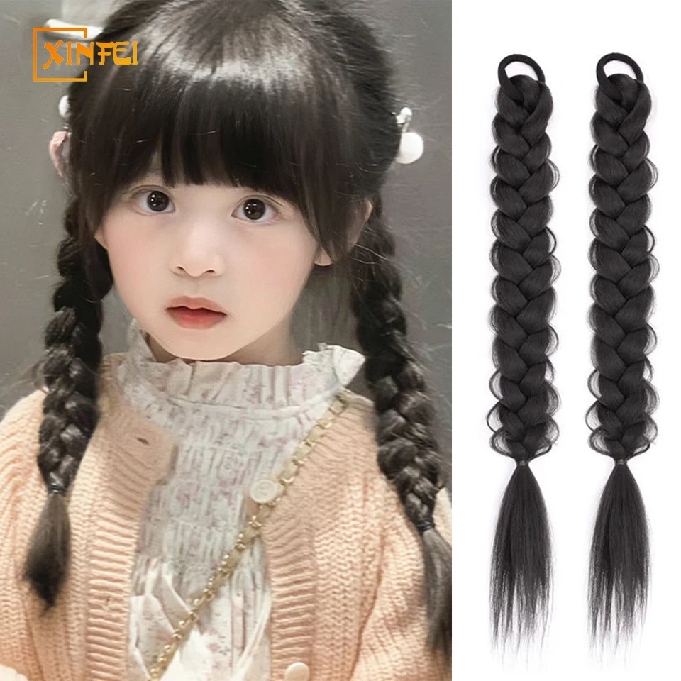 Synthetic Wigs Braided Hair Children\'s Long Straight Hair Sweet And Lovely Fluffy Ponytails A Pair Of Natural Boxing Braids