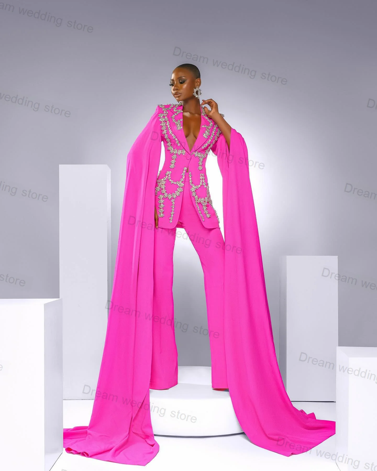 Luxury Pink Women Suits Pants Set Blazer 2 pezzi giacca di cristallo + pantaloni formale maniche lunghe Prom smoking da sposa cappotto su misura